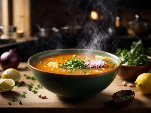 Photo hot soup photo food photography seasonal soup with garnish