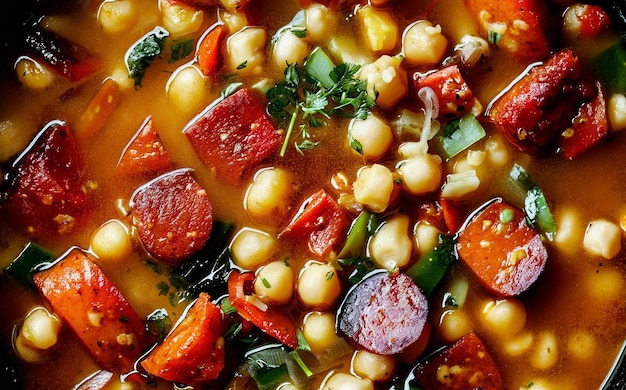 Hot soup with chickpeas and chorizo sausage Top view