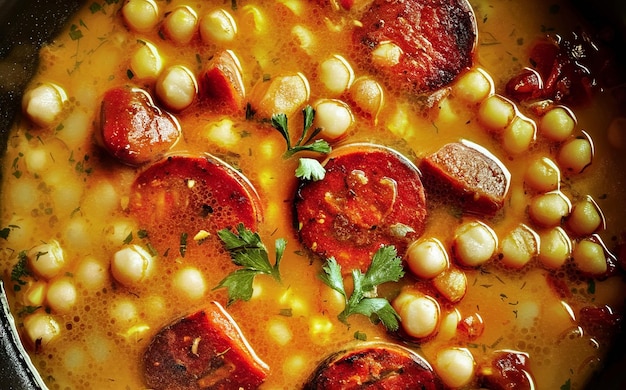 Hot soup with chickpeas and chorizo sausage Top view