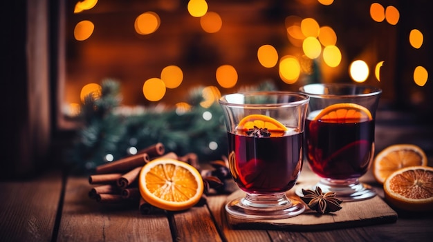 ホット・スパイシー・クリスマス・グルーワイン (Gluhwein) または砂糖とスパイスを混ぜた紅ワイン (Mulled Red Wine) バックグラウンドにパーティのライトが点滅するボケ (Bokeh) を備えた田舎の木の上でクッキーで提供されます