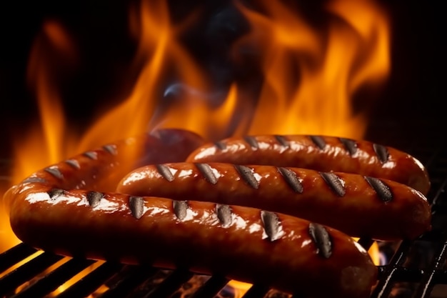 Hot spicy meat sausages grilled on fire food bbq and grill generative ai