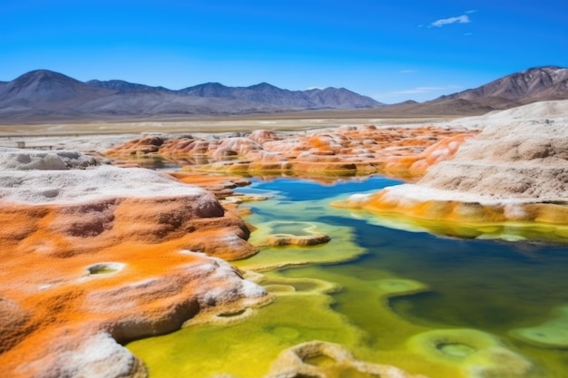 Hot spring bordered by colorful geothermal deposits