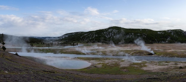 Hot spring geyser with colorful water in american landscape