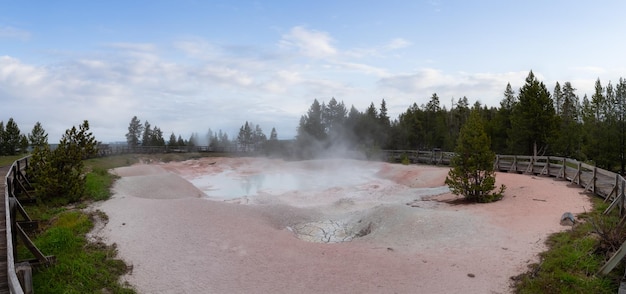 Hot spring geyser with colorful water in american landscape