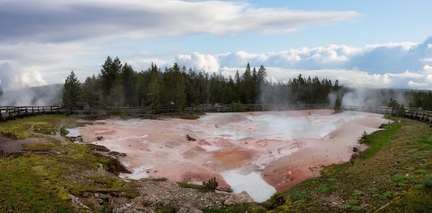 Hot spring geyser with colorful water in american landscape