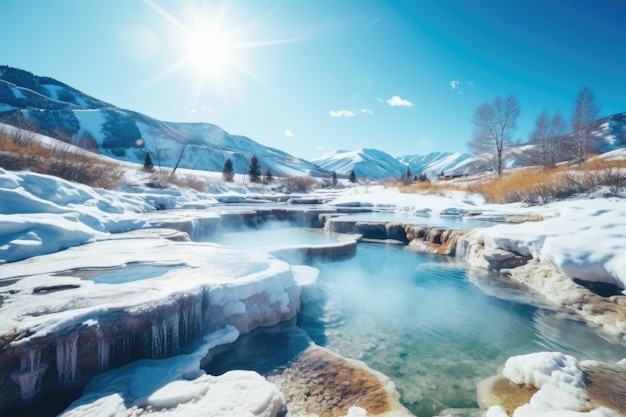 温泉は明るい晴れた日に冬の魅力を明らかにします 澄んだ空は自然の美しさを示し 蒸気は凍った風景に魅力を加えます