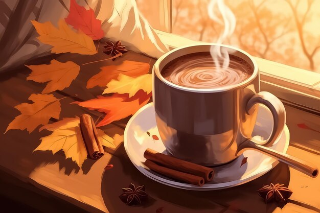 Hot steaming cup of coffee on wooden table background in autumn