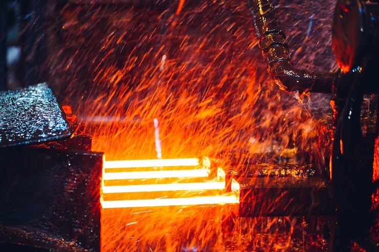 Photo hot steel on conveyor in steel mill