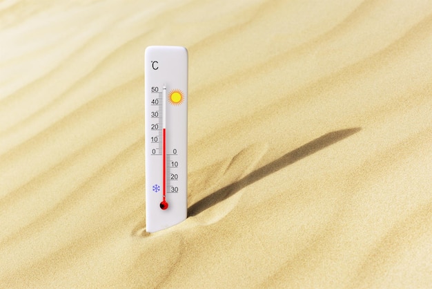 Hot summer day Celsius scale thermometer in the sand Ambient temperature plus 21 degrees