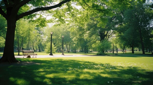 写真 暑い夏の日当たりの良い公園 誰もいない穏やかな公園