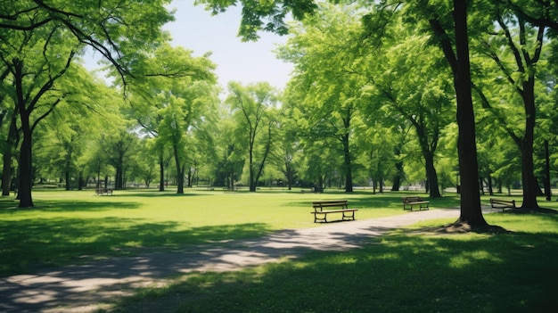 写真 暑い夏の日当たりの良い公園 誰もいない静かな公園
