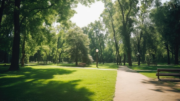 Жаркое лето, солнечный парк, пустой и безмятежный