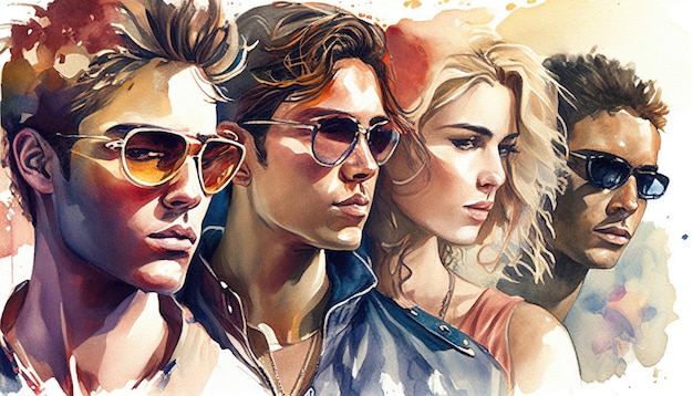 Hot summer watercolor fashion poster with men and woman wearing sunglasses