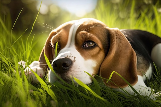 On a hot sunny summer day a cute beagle is lying on the green grass in a summer meadow