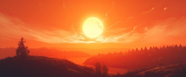 Hot sunset with a red sun on the background in the summer Generative AI