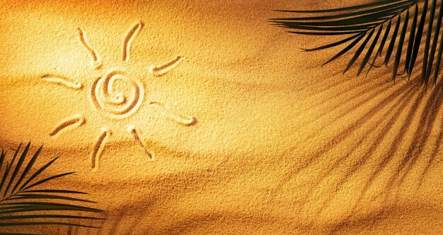 Photo hot tanning concept sun drown in the sand with palm leaves and shadow