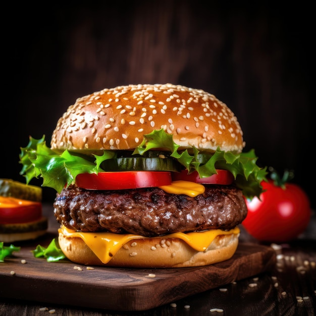 hot tasty beef burger on wood