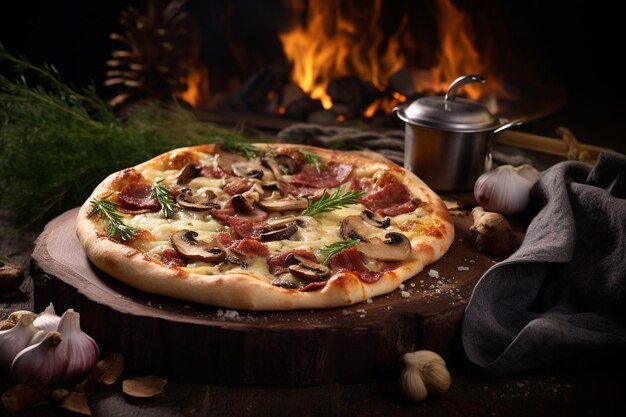 Hot tasty traditional italian pizza with ham