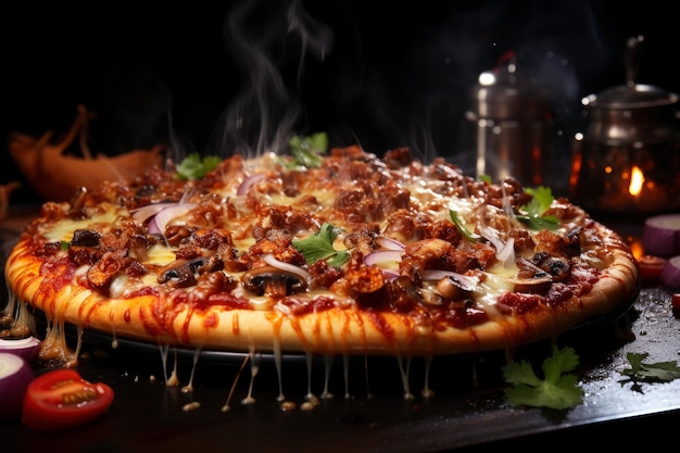 Hot tasty traditional italian pizza with meat and vegetables with smoke and fire