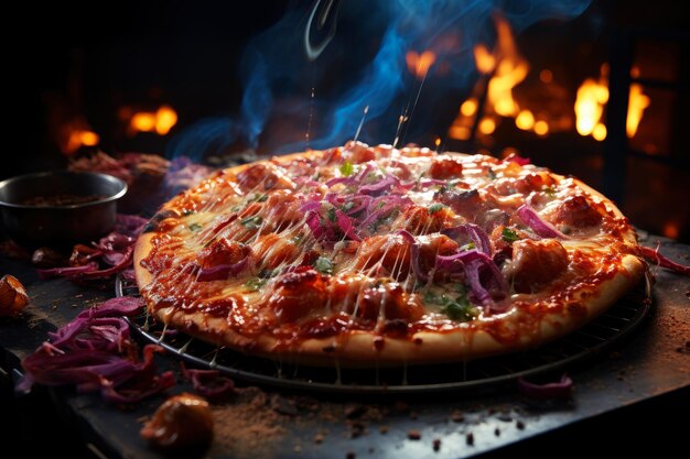 Горячая вкусная традиционная итальянская пицца с мясом и овощами с дымом и огнем