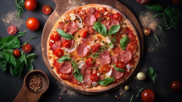 Hot tasty traditional italian pizza with salami cheese