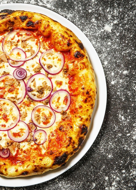 Hot tasty traditional pizza with tuna on dark background