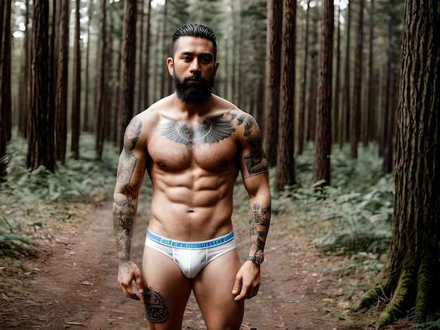 Foto un tizio barbuto muscoloso e tatuato che indossa la biancheria intima nell'illustrazione della foresta