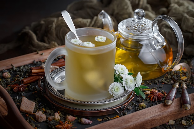 Hot tea in a cup on an old background