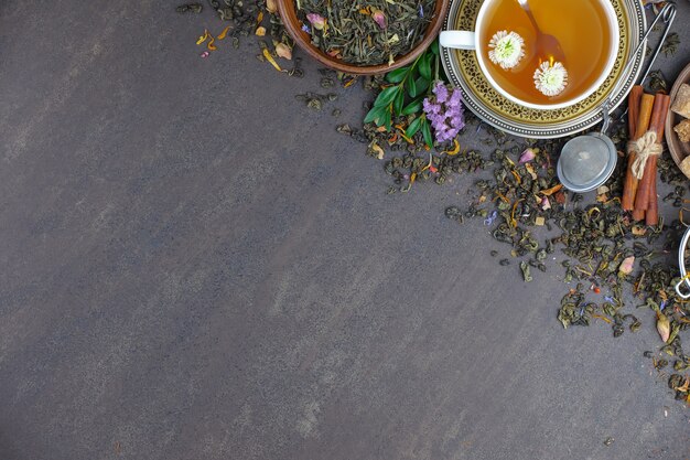 Hot tea in a cup on an old background.