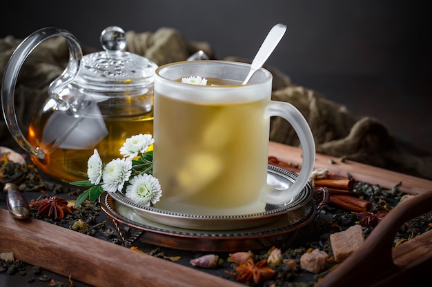 Hot tea in a cup on an old background