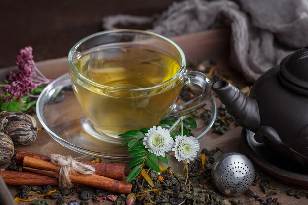 Hot tea in a cup on an old background