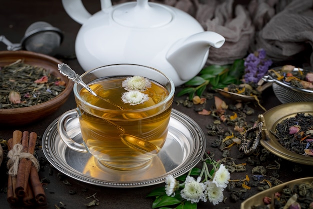 Hot tea in a cup on an old background