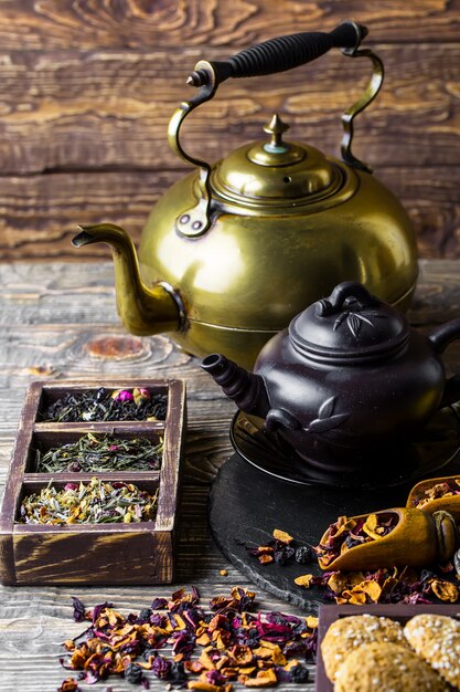 Hot tea in a cup on an old table.