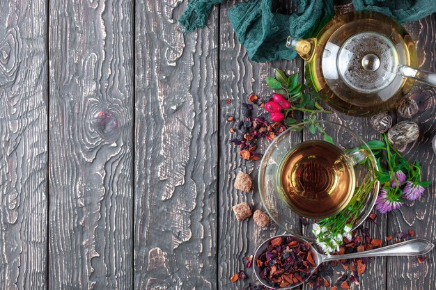 hot tea in a cup on an old table.