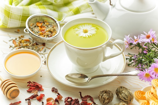 Hot tea in a cup on a white background.