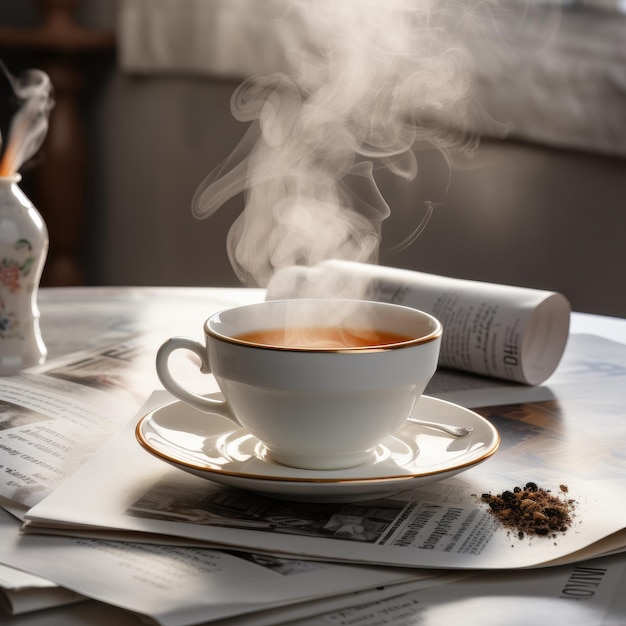 Hot tea in a cup with a newspaper on the table Generative AI