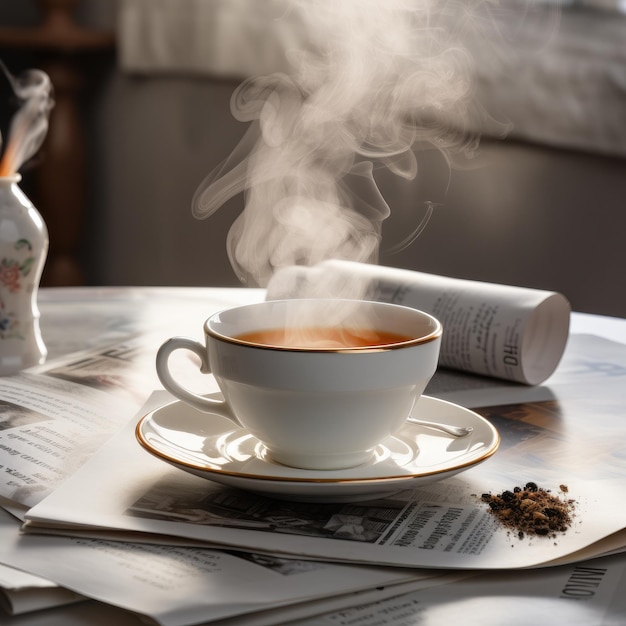 Hot tea in a cup with a newspaper on the table generative ai