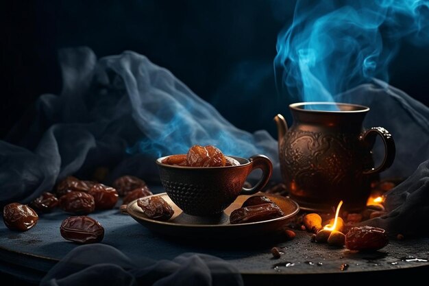 Hot tea behind of dry dates on blue surface