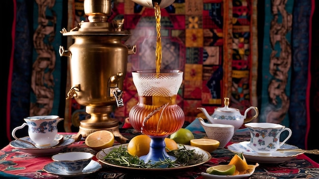 Hot tea poured into armudu glass in traditional azerbaijani tea setup