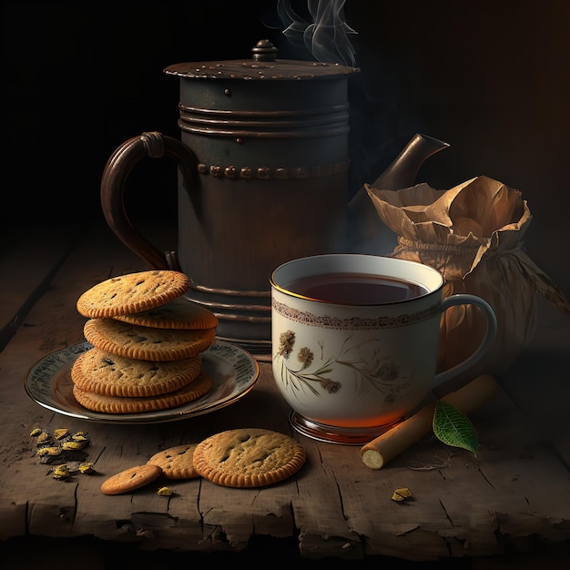 Hot tea with biscuits Generative Ai