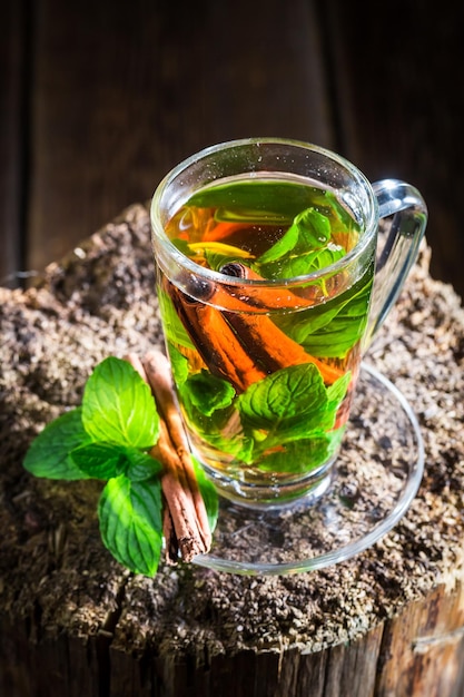 Hot tea with green leaves and cinnamon bark