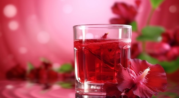写真 ガラスのカップにハイビスカスの入った熱いお茶の花びらが長寿の概念を飛び散らせる 生成された ai
