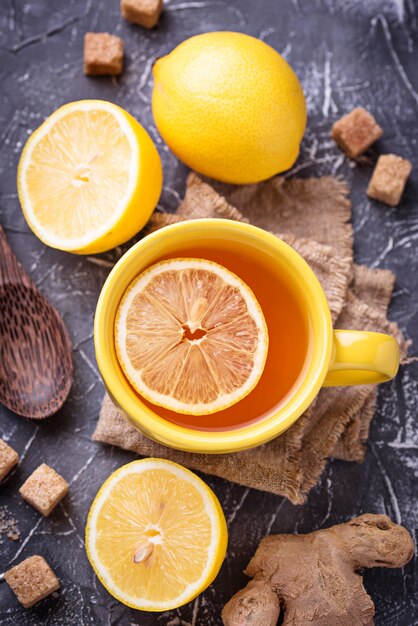 Hot tea with lemon and ginger