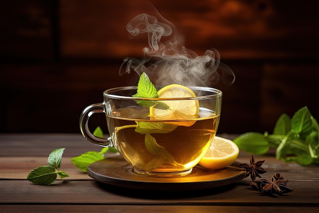 Hot tea with lemon in a glass cup steam mint leaves and wood background