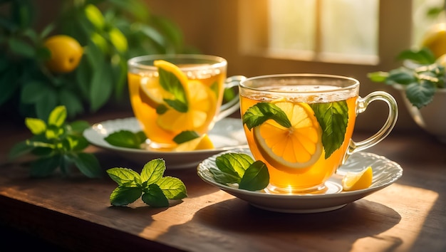 Hot tea with lemon mint in the kitchen