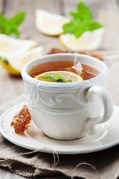 Hot tea with lemon and mint