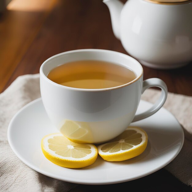 Hot tea with lemon and scarf Winter time Selective focus