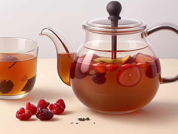 Hot tea with lemon sea buckthorn cinnamon and mint Tea in a glass teapot Selective focus