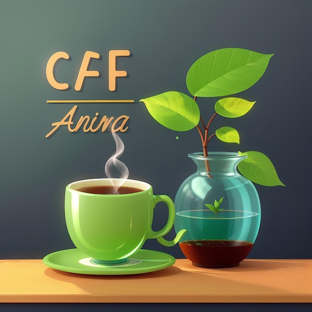 Photo hot tea with plant in vase and hot coffee vector illustration chill illustration talking and break time flat cartoon style suitable for web landing page banner flyer sticker card backgroundbackground