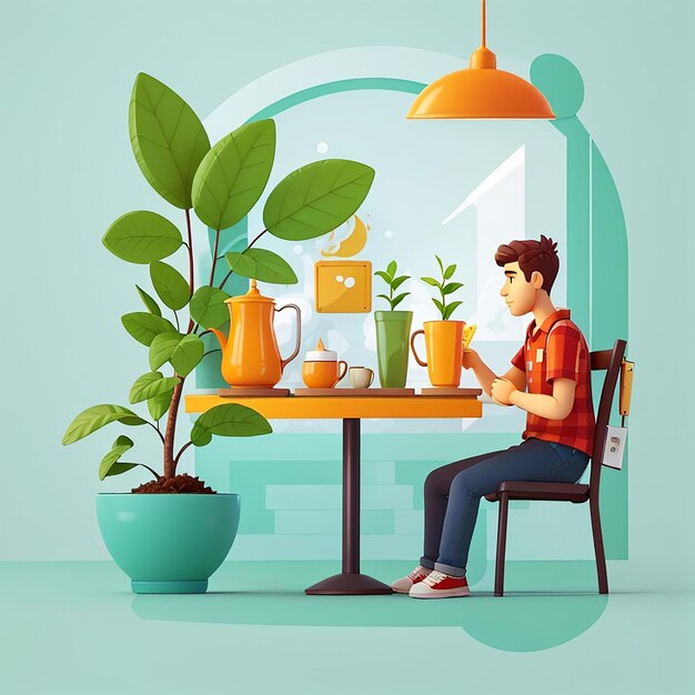 Photo hot tea with plant in vase and hot coffee vector illustration chill illustration talking and break time flat cartoon style suitable for web landing page banner flyer sticker card backgroundbackground
